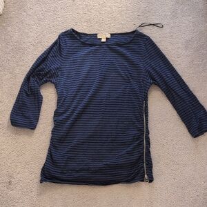 Michael Kors Navy and Black Striped Long-Sleeve Top with Side Zip